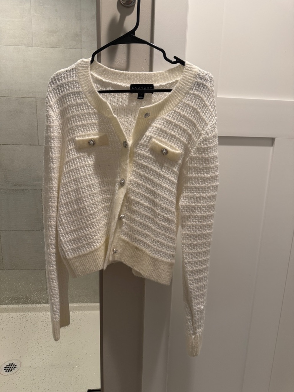 Laundry By Shelli Segal Cream Textured Knit Cardigan with Crystal Buttons
